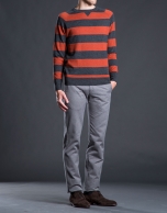 Gray and orange striped knit sweater with elbow patches