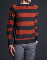 Gray and orange striped knit sweater with elbow patches