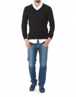 Navy blue jacquard V-neck sweater