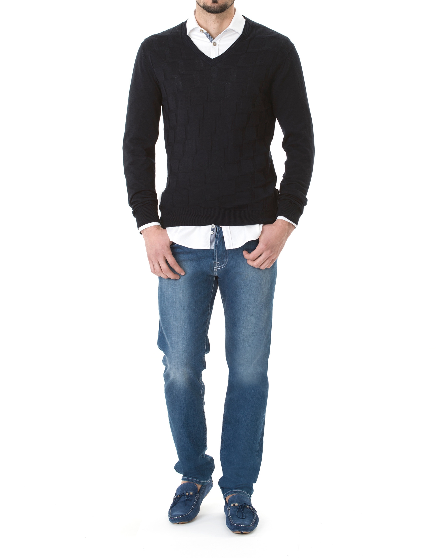 Navy blue jacquard V-neck sweater