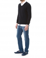 Navy blue jacquard V-neck sweater