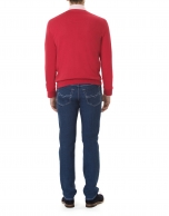 Red jacquard V-neck sweater