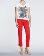 Coral dotted straight jacquard pants.