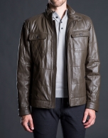 Khaki leather Bomber jacket with pockets