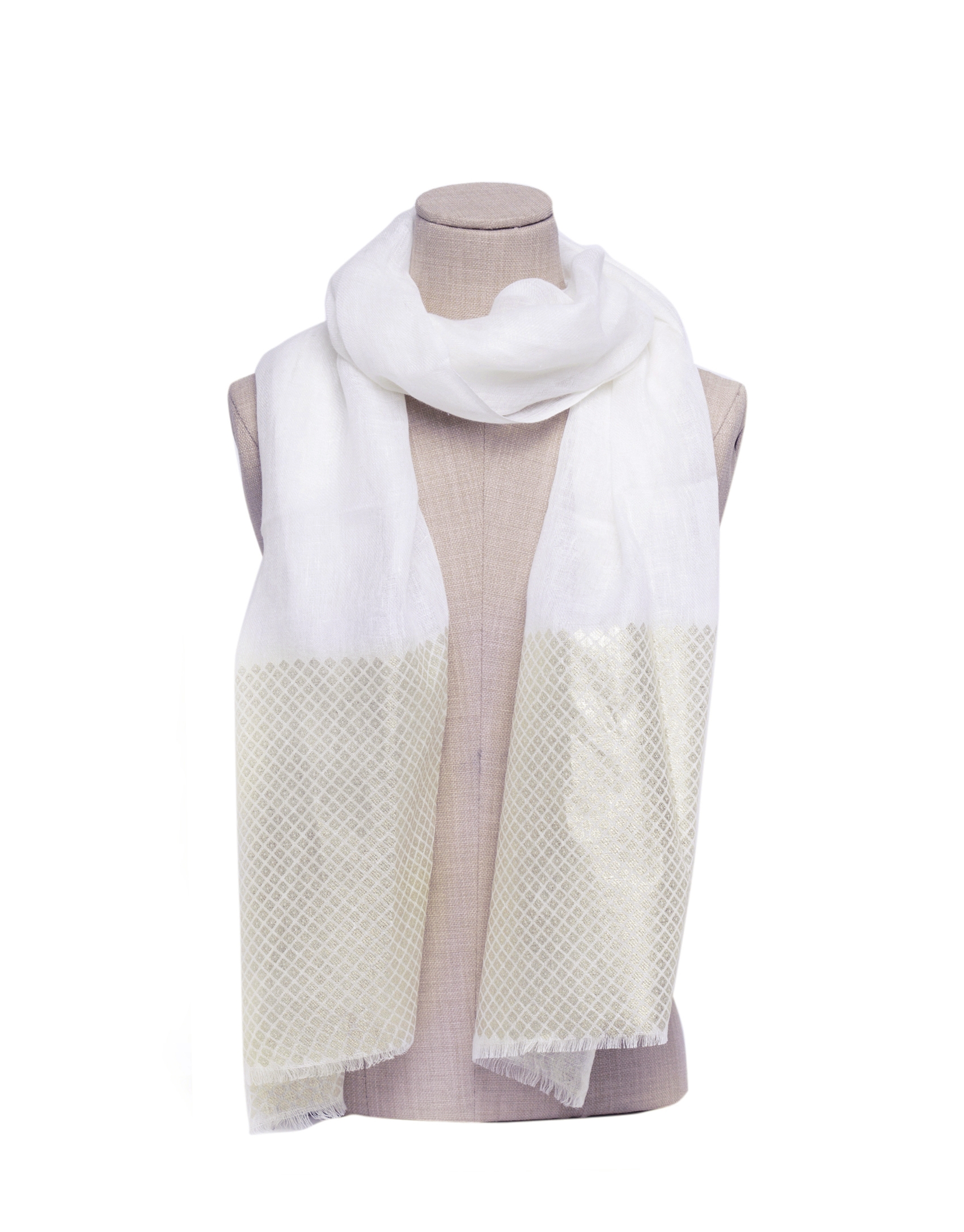 White scarf with gold border