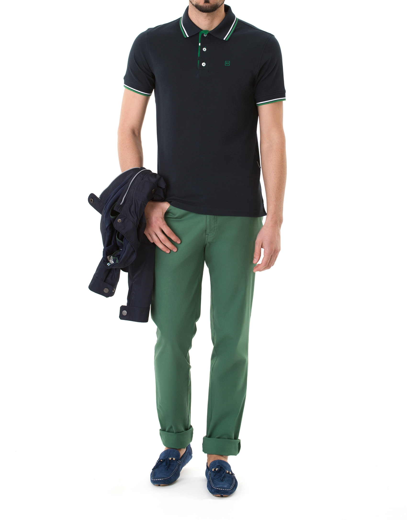 Navy blue and green pique polo