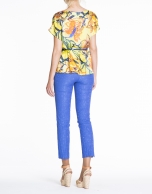 Loose yellow floral print silk blouse. 