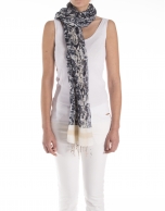 Beige and navy blue flower print scarf 