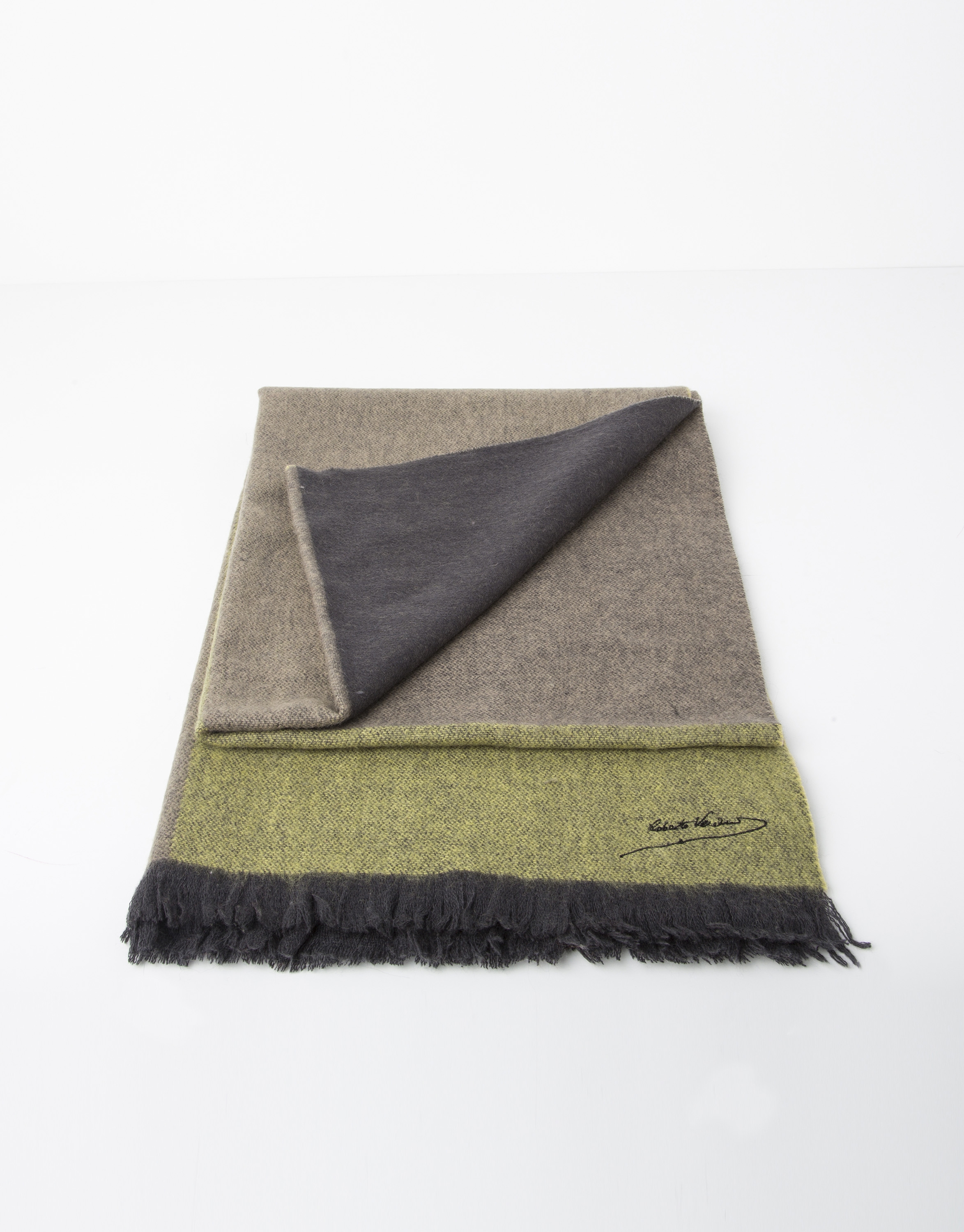 Plain green and beige wool scarf