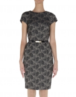 Black straight short sleeved cloqué dress with floral print 