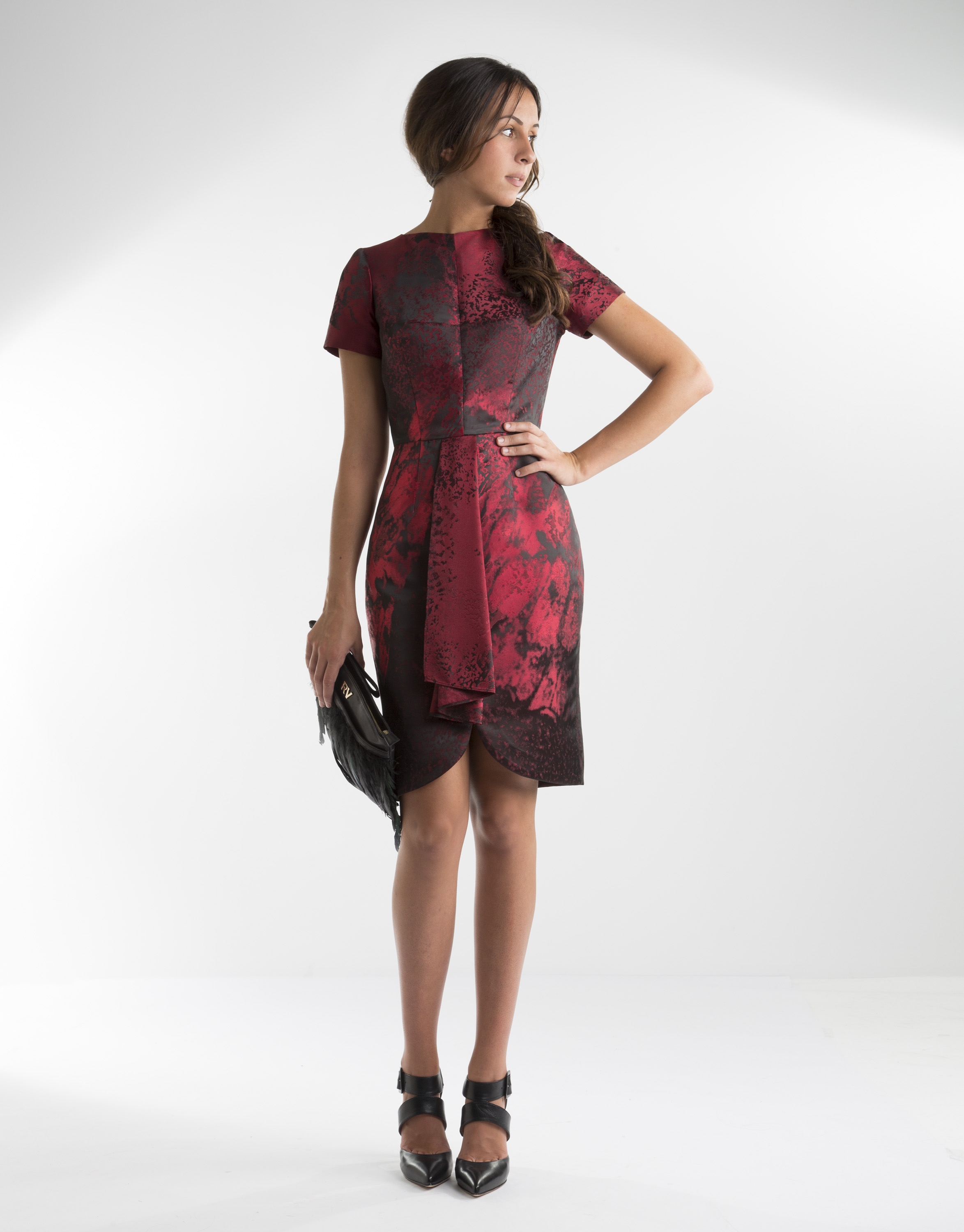 Red print dress with front folds