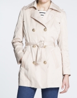 Beige long trench with lapel collar