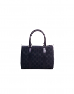 EMILIA MARINO: Navy blue jacquard and cowhide bowling bag 