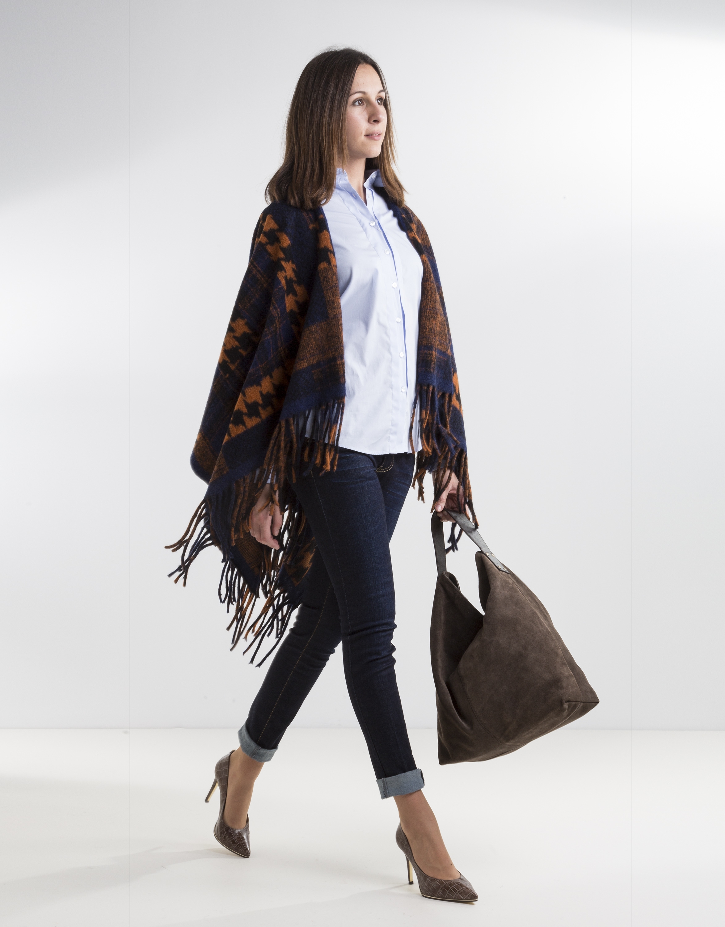 Orange/blue print wool poncho