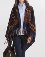 Orange/blue print wool poncho