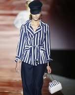 White / navy blue striped trench coat