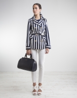 White / navy blue striped trench coat