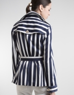 White / navy blue striped trench coat