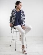 White / navy blue striped trench coat