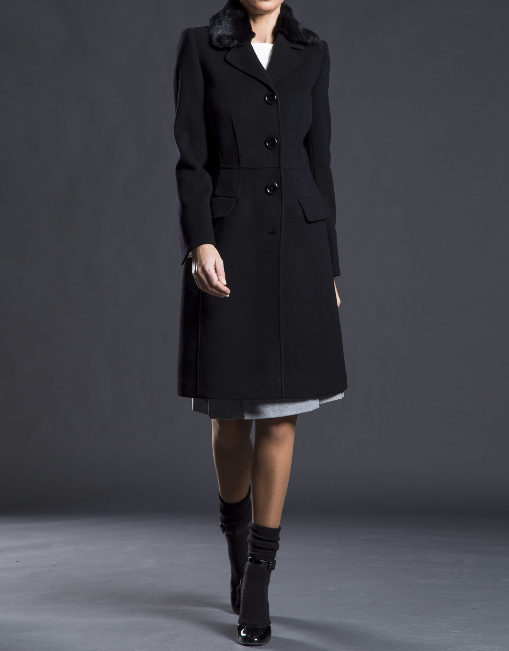 Black overcoat with fur collar