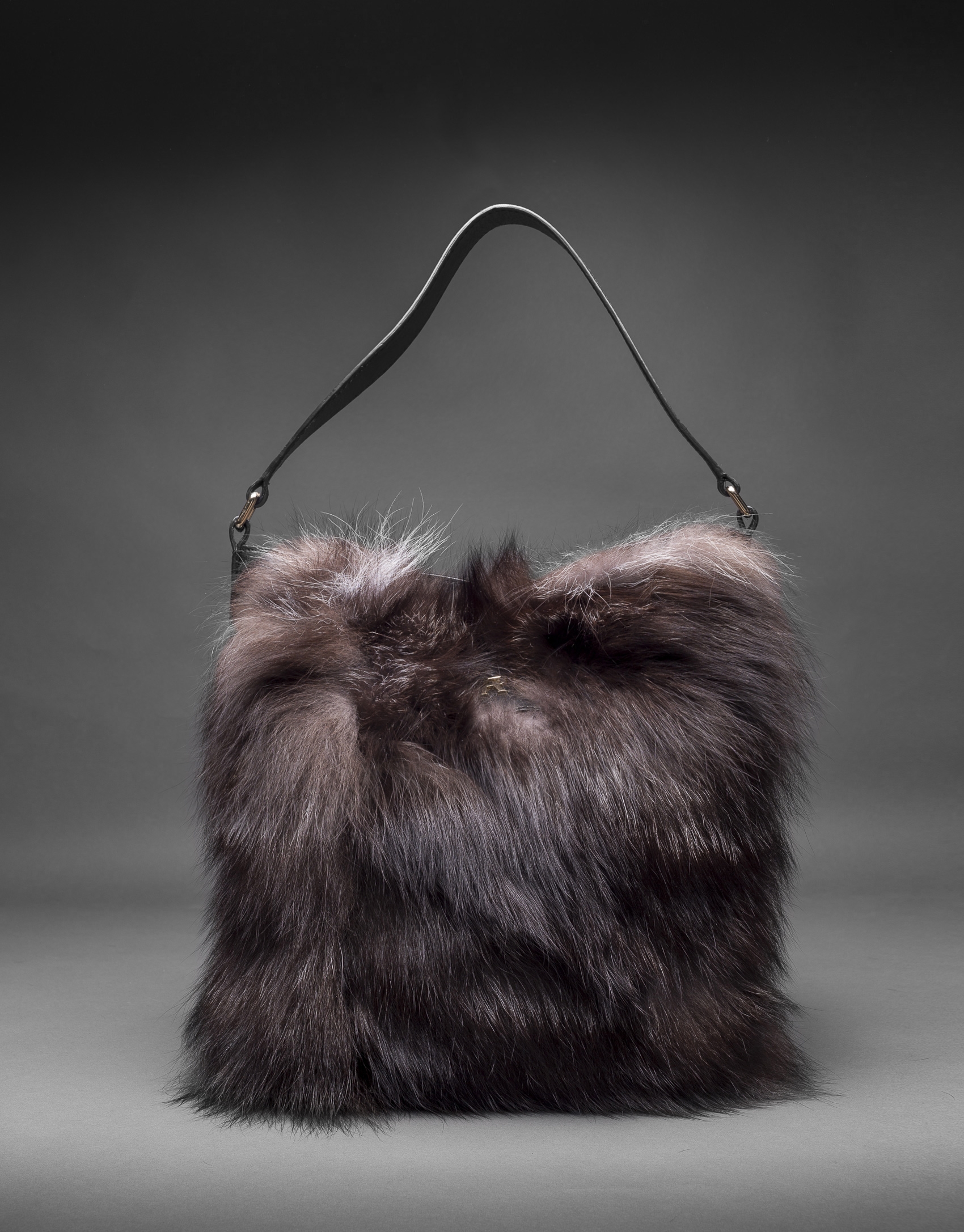 Black napa Erika Fox bag with brown fox fur 