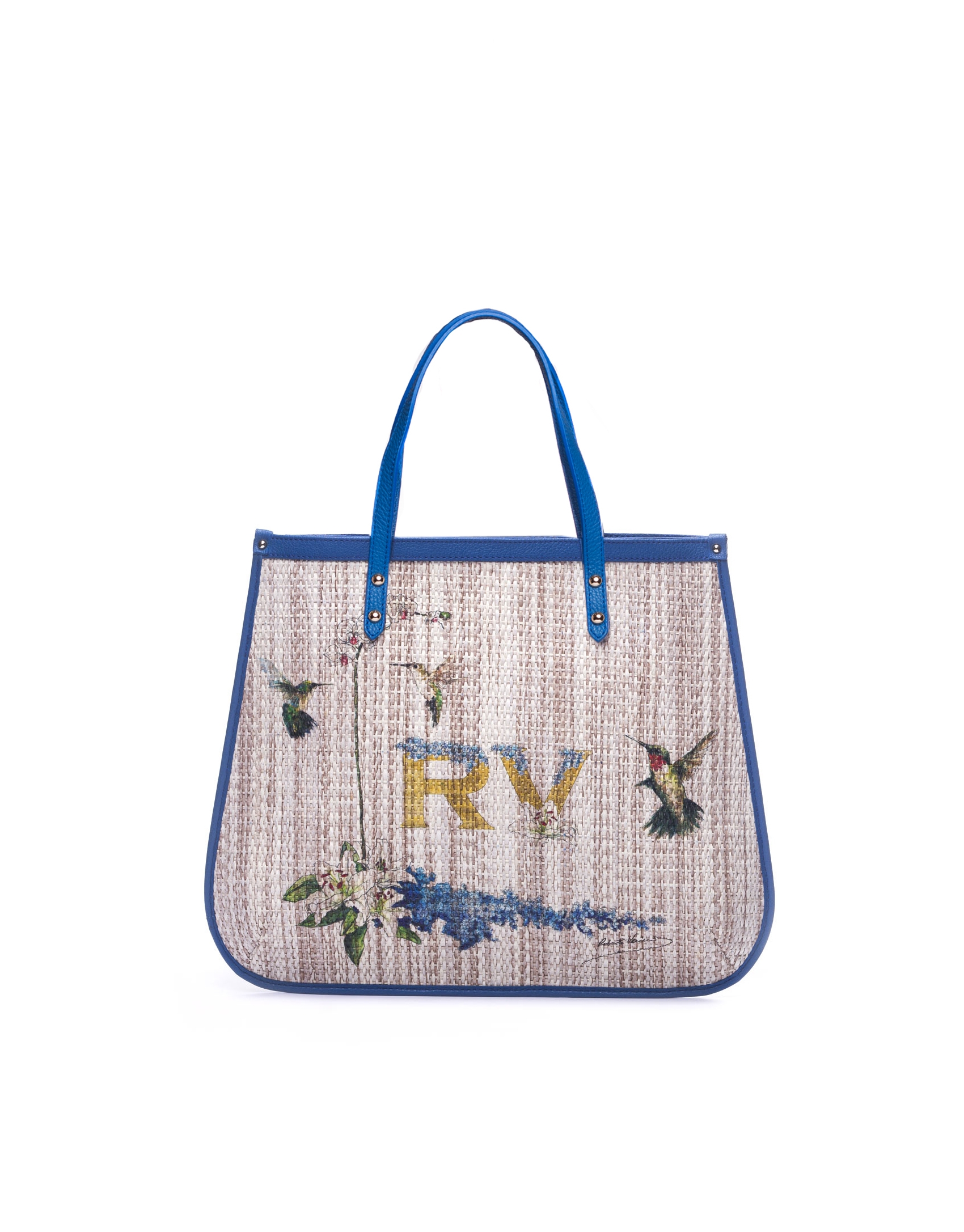 BIRDY:  Print raffia and blue leather shopping bag