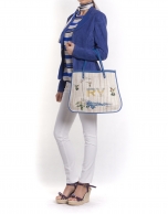 BIRDY:  Print raffia and blue leather shopping bag