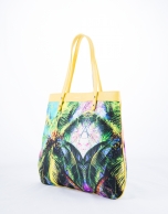 Bolso Shopping Birdy Miami tejido estampado tropical y piel amarilla