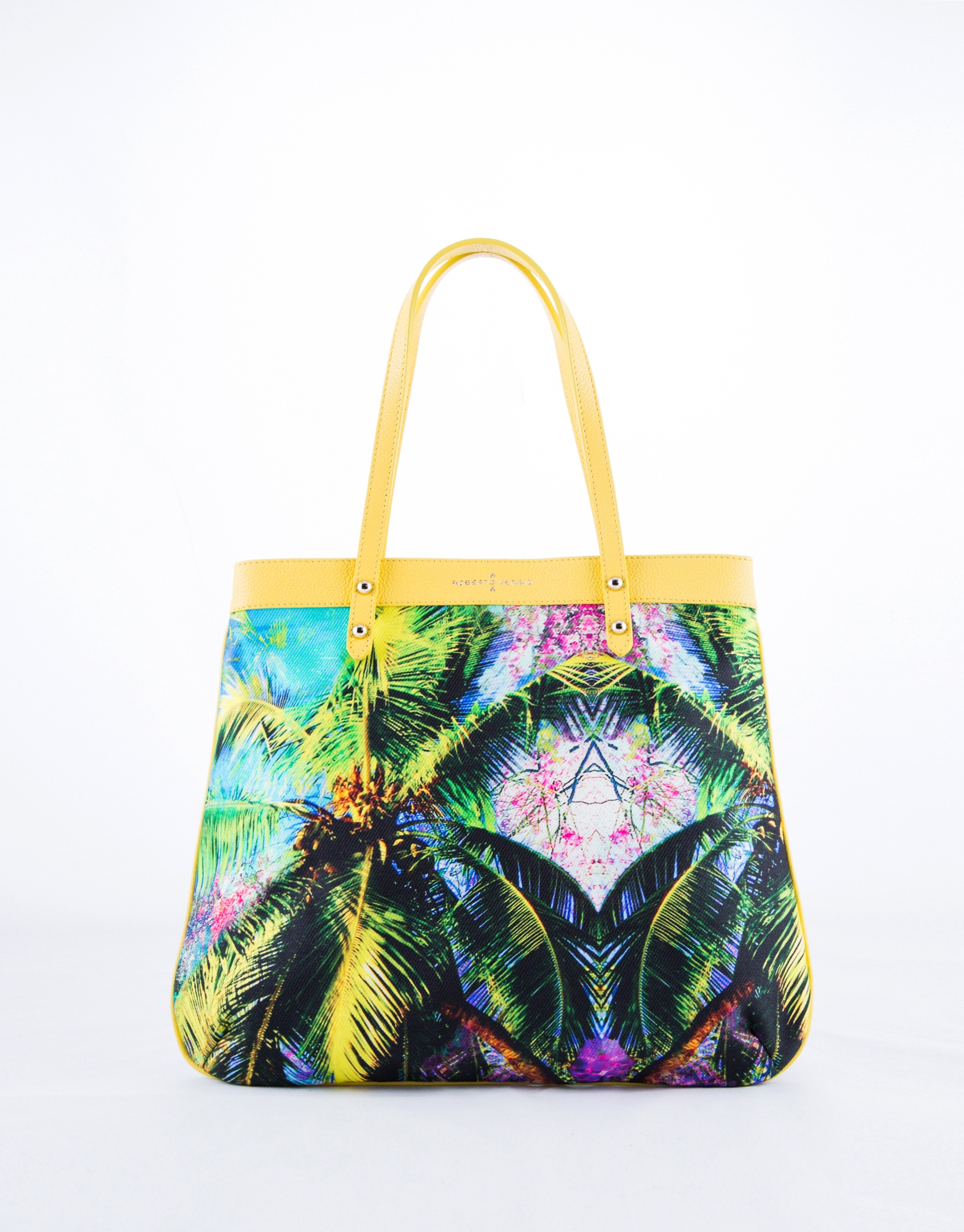 Bolso Shopping Birdy Miami tejido estampado tropical y piel amarilla