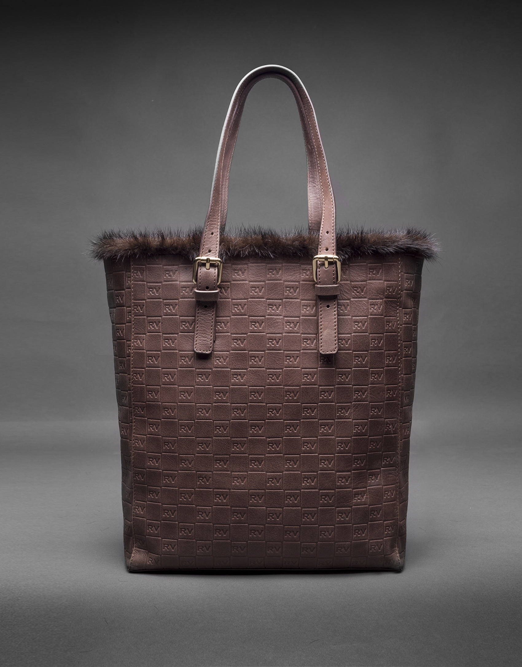 Brown leather Eve bag with embossed RV and mink fur trimming 