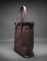 Brown leather Eve bag with embossed RV and mink fur trimming 