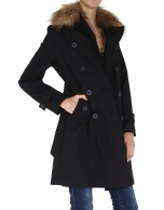 Black raincoat with beige raccoon collar