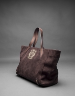 Brown suede Ashton bag with RV shield embroidered in light gold lurex