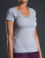 Gray beige V-neck, beaded t-shirt 