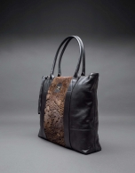 Black napa Orlando Soft bag with embossed brown fantasy fur flower 