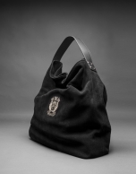 Black suede Albert bag with RV shield embroidered in light gold lurex 