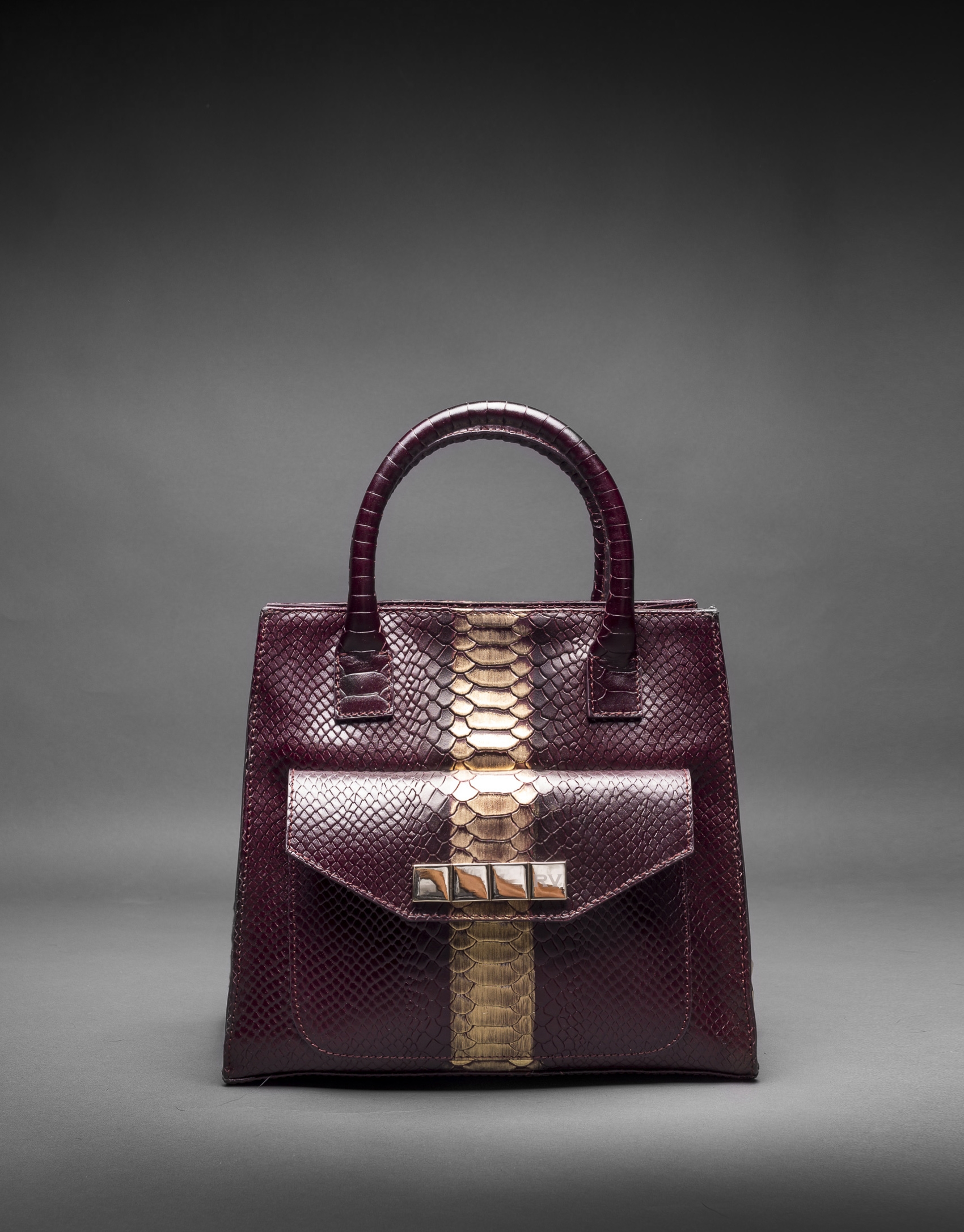 Burgundy leather Rocío Andrómeda bag with embossed snake and  old gold stripe