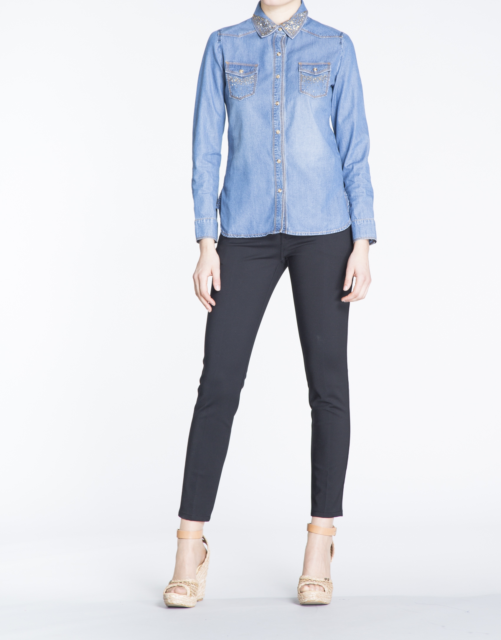 Long-sleeve rhinestone jean shirt 