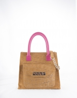 Bolso Satchel Rocío Copacabana camel con asas en fucsia