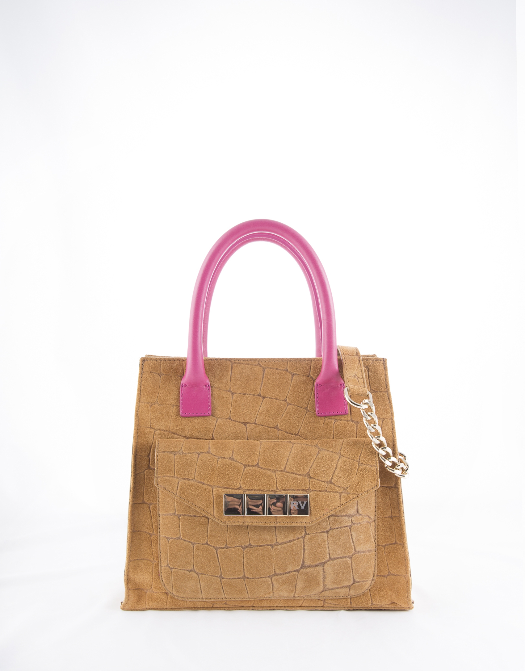 Bolso Satchel Rocío Copacabana camel con asas en fucsia