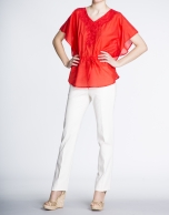 Geranium red loose blouse with embroidered leaves