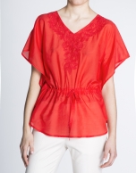 Geranium red loose blouse with embroidered leaves