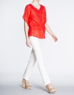 Geranium red loose blouse with embroidered leaves