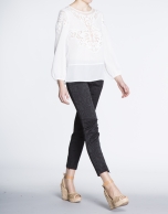 Ivory embroidered long bombacho sleeve blouse 