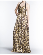 Long animal print halter top dress with draped neckline