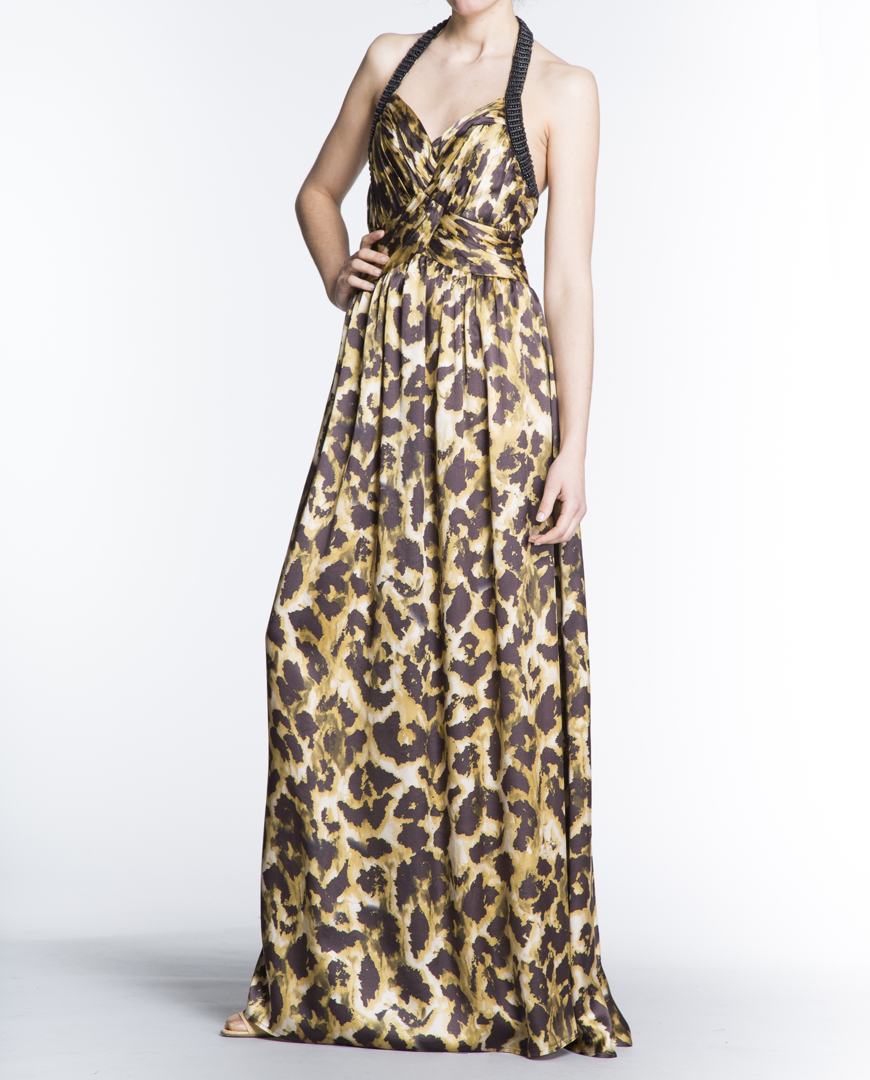 Long animal print halter top dress with draped neckline