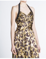 Long animal print halter top dress with draped neckline