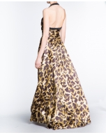 Long animal print halter top dress with draped neckline