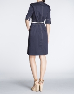 Navy blue three quarter sleeve shirtwaist dress.