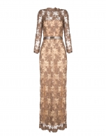 Long beige straight lace dress with transparencies and long sleeves.